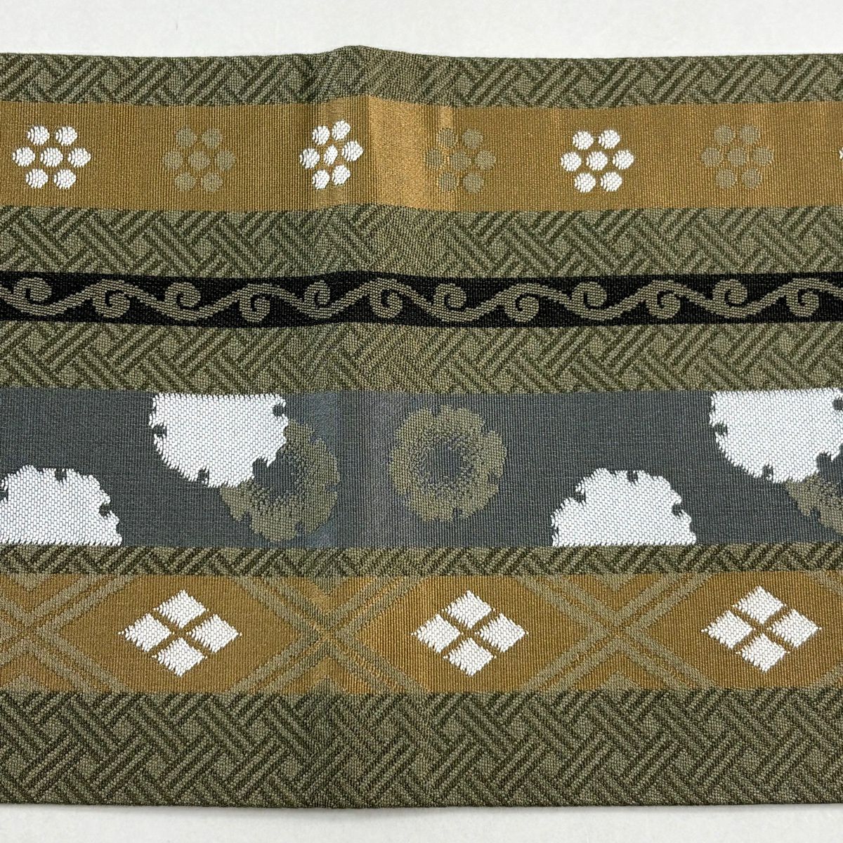 【美品】名古屋帶 秀品級 縞紋 雪輪 灰綠 純蠶絲