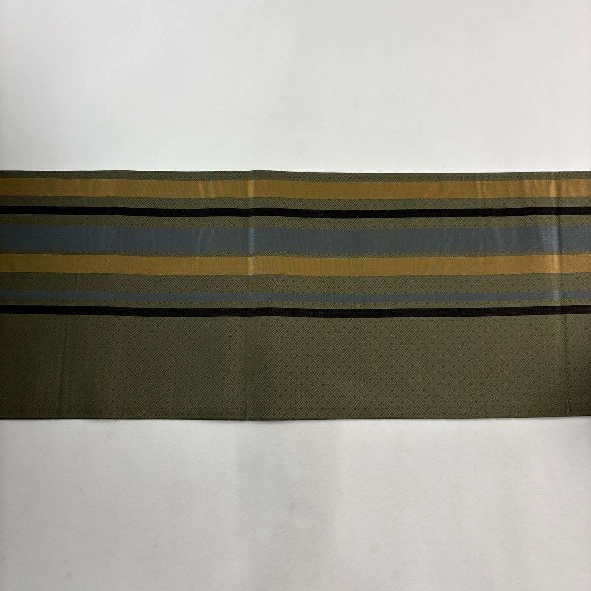 【美品】名古屋帶 秀品級 縞紋 雪輪 灰綠 純蠶絲