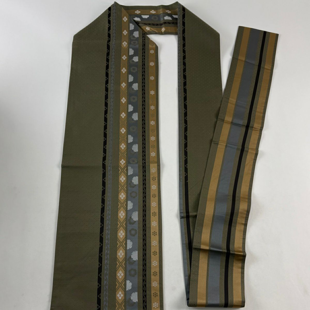【美品】名古屋帶 秀品級 縞紋 雪輪 灰綠 純蠶絲