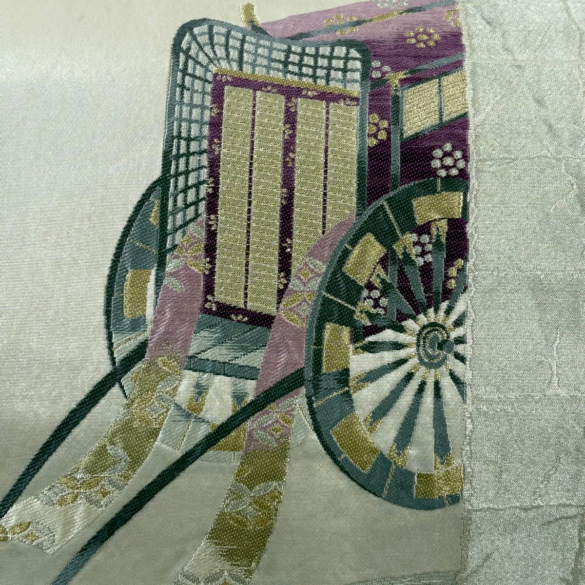 袋帶 秀品級 帝王紫 附有落款 鳳輦王朝圖 御所車 流水 金金箔 金銀彩 奶油色 大鼓圖案 純蠶絲