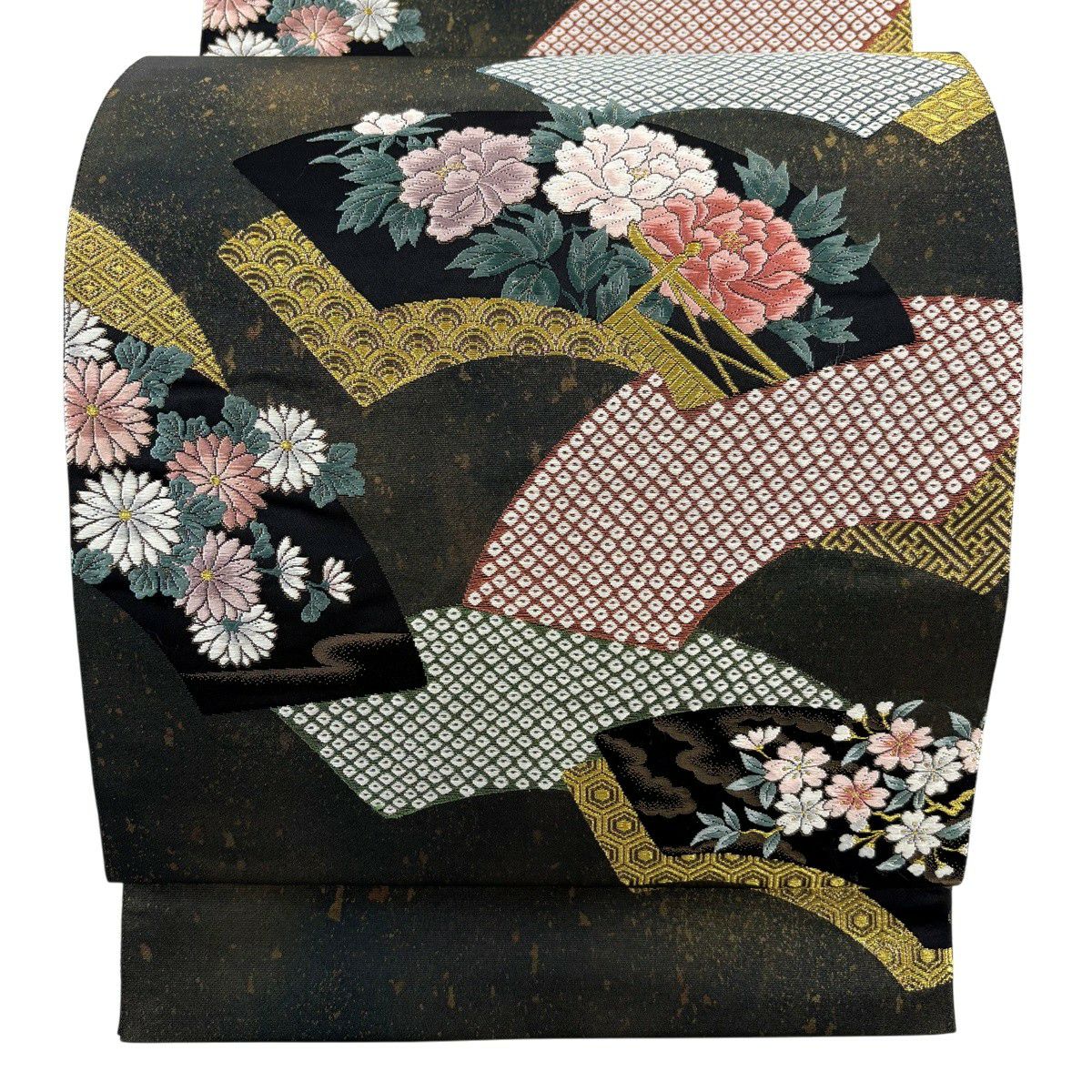 【美品】 袋帶 秀品級 扇子面 牡丹 金金箔 金絲 茶綠 六通 純蠶絲