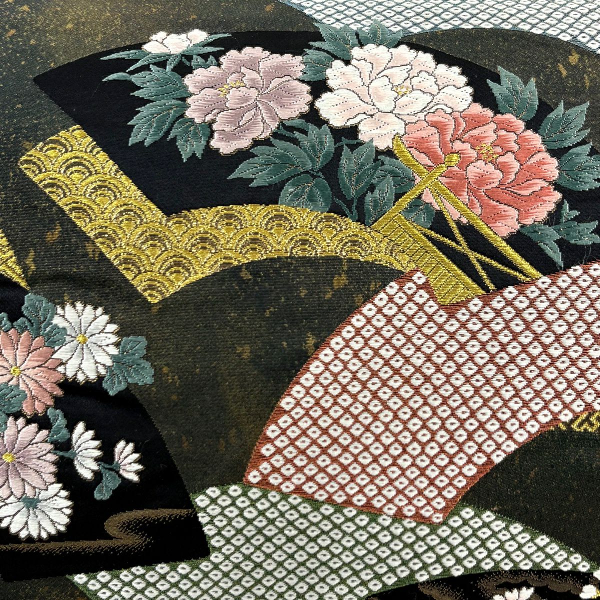 【美品】 袋帶 秀品級 扇子面 牡丹 金金箔 金絲 茶綠 六通 純蠶絲