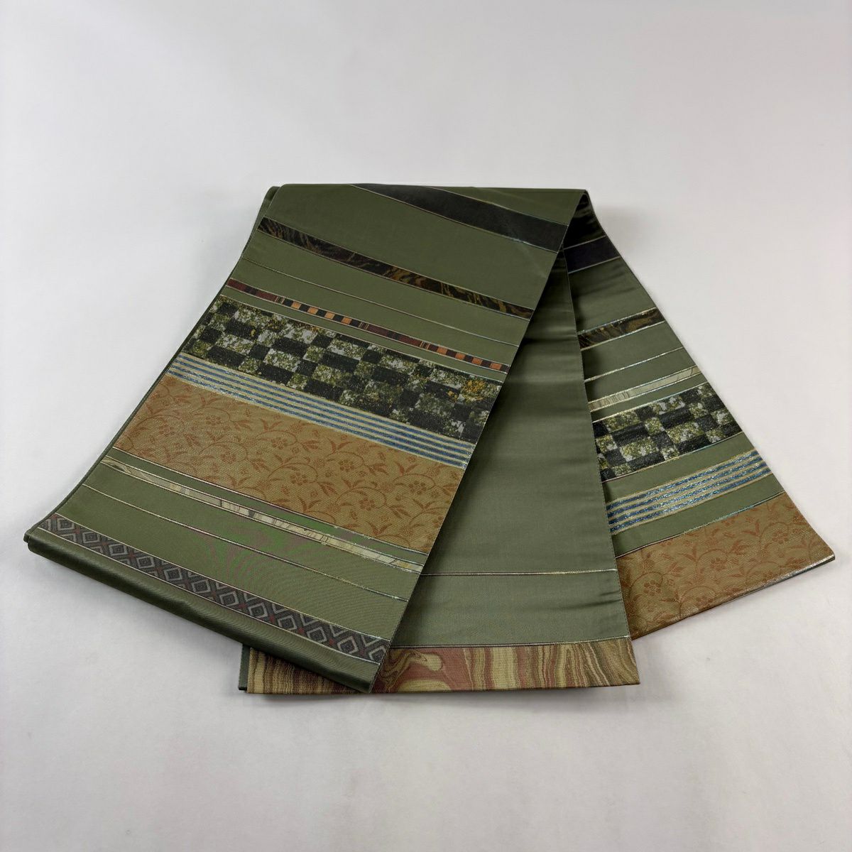 袋帶 秀品級 條紋 竹子藤 金金箔 綠色 大鼓圖案 純蠶絲