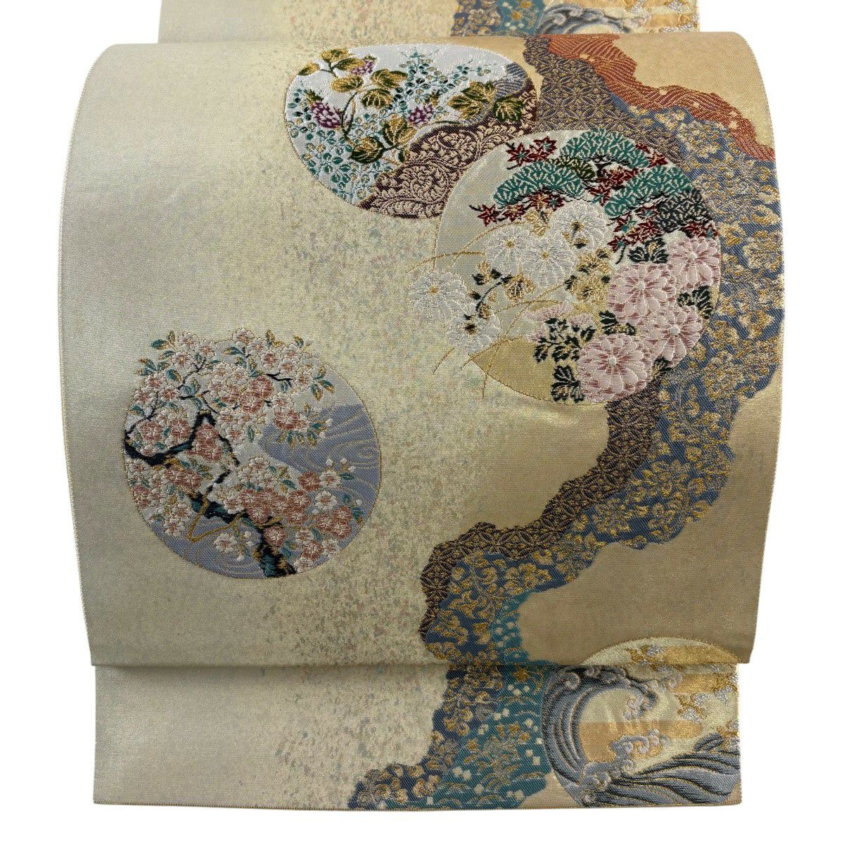 【美品】 袋帶 秀品級 草花紋 道長取 金金箔 金銀彩 米色 六通 純蠶絲