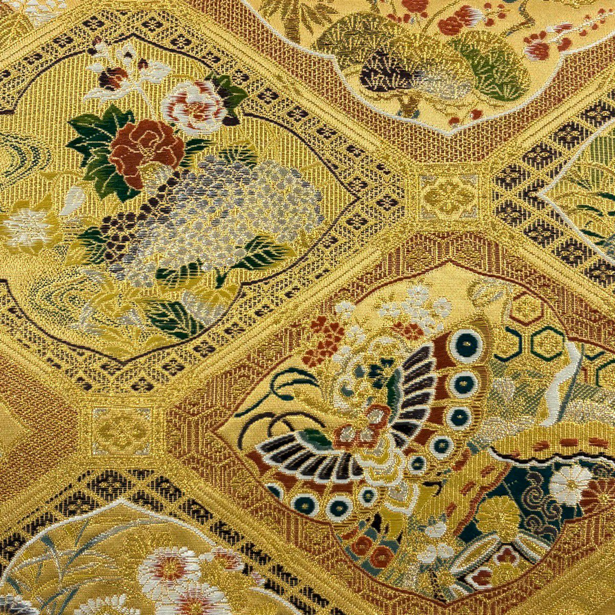 【美品】 袋帶 秀品級 琳派瑞祥錦 蝶 草花紋 金金箔 金銀彩 金色 六通 純蠶絲