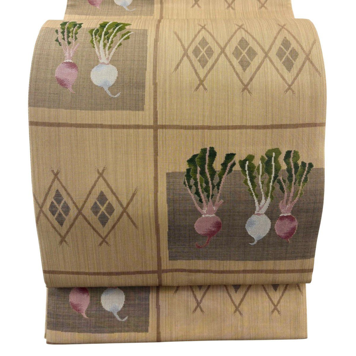 【美品】 袋帶 秀品級 蕪 菜 薄茶 深藍 六通 純蠶絲