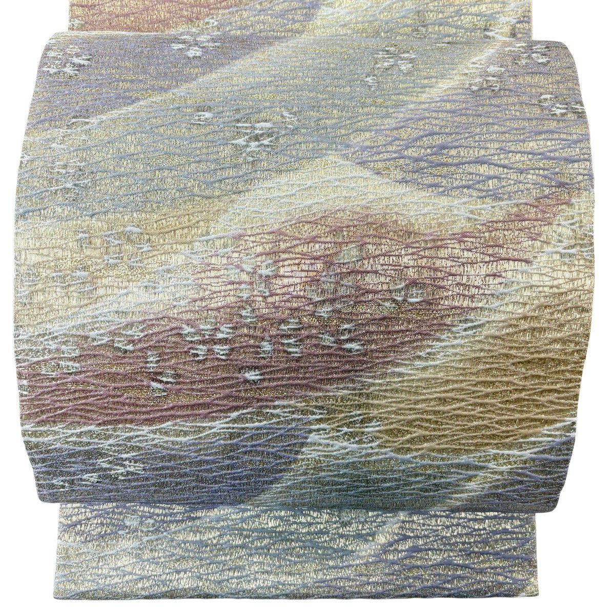 【美品】 袋帶 秀品級 花紋 幾何學 金絲 金金箔 灰綠 全通 純蠶絲