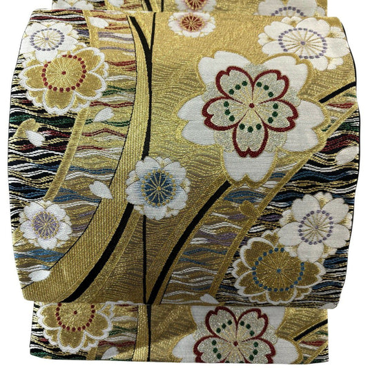 袋帶 秀品級 櫻花 亂條 金絲 金金箔 金色 六通 純蠶絲