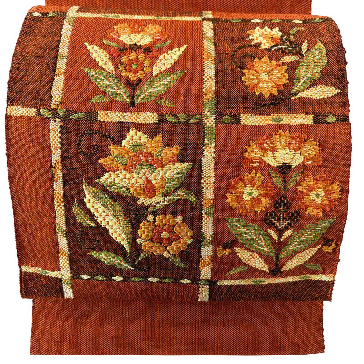 【美品】名古屋帶 秀品級 松樹葉仕立 八寸名古屋帶 草花紋 紅茶 純蠶絲
