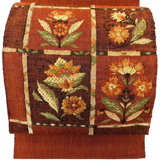 【美品】名古屋帶 秀品級 松樹葉仕立 八寸名古屋帶 草花紋 紅茶 純蠶絲