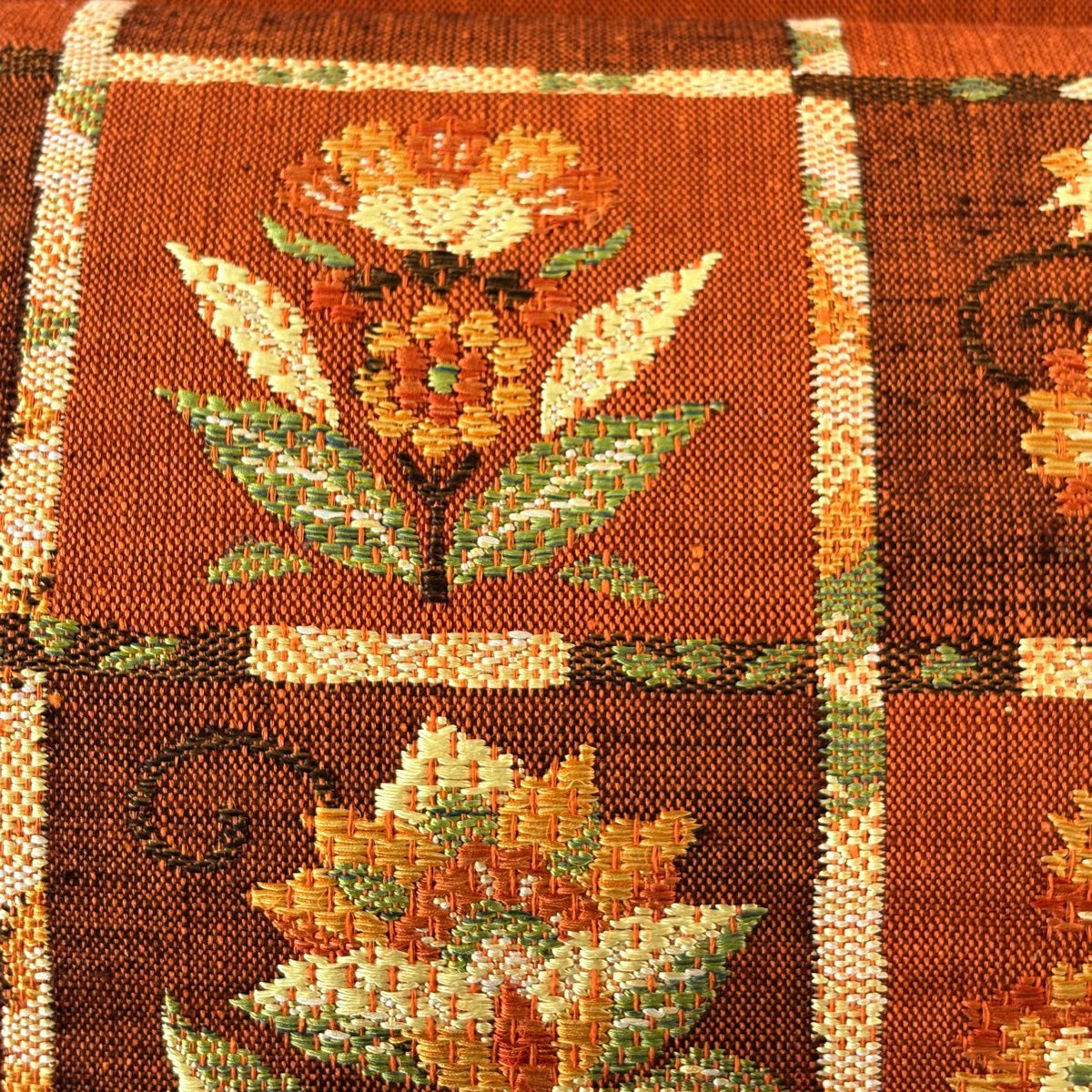 【美品】名古屋帶 秀品級 松樹葉仕立 八寸名古屋帶 草花紋 紅茶 純蠶絲