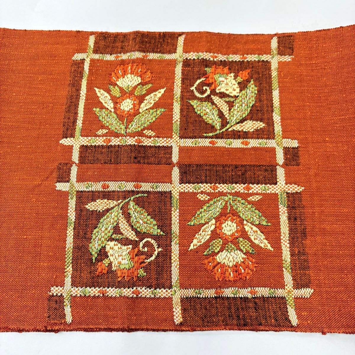 【美品】名古屋帶 秀品級 松樹葉仕立 八寸名古屋帶 草花紋 紅茶 純蠶絲