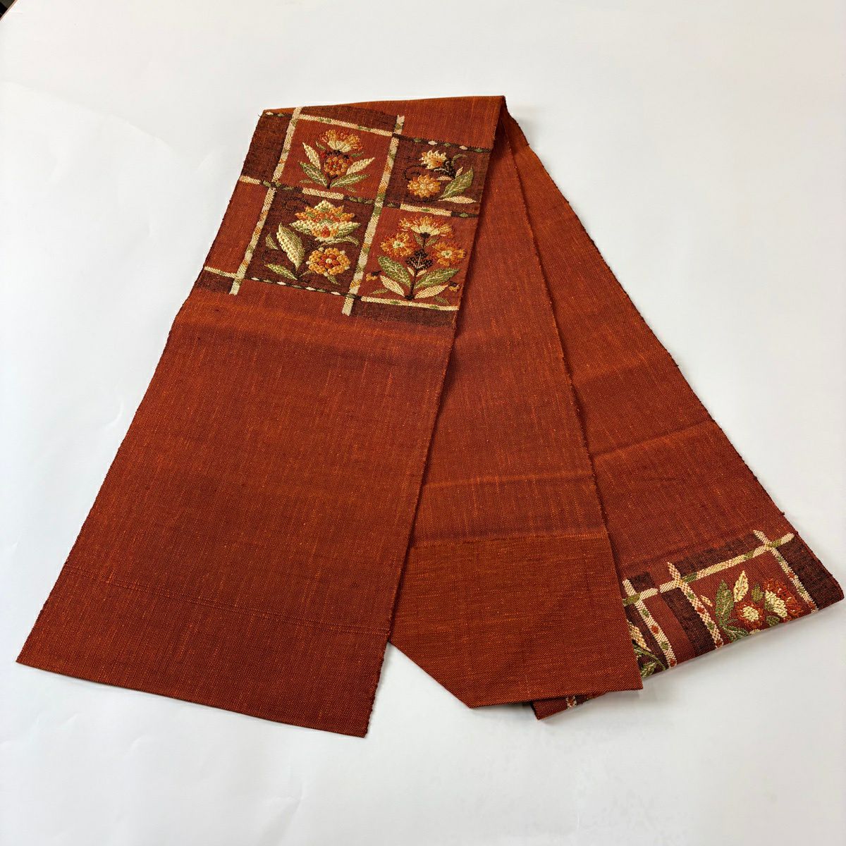 【美品】名古屋帶 秀品級 松樹葉仕立 八寸名古屋帶 草花紋 紅茶 純蠶絲