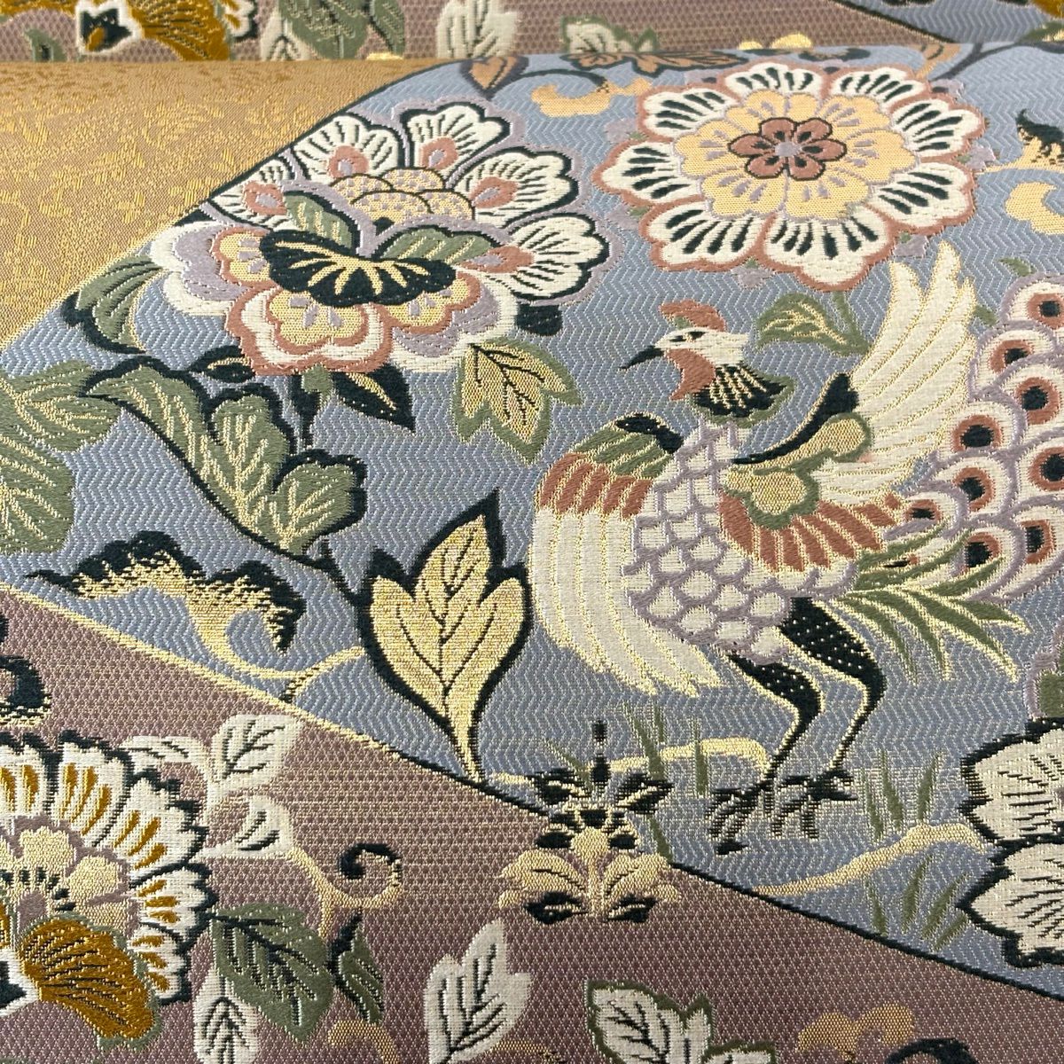 【美品】 袋帶 秀品級 鳳凰 花唐草紋 金糸 金金箔 青灰 六通 純蠶絲