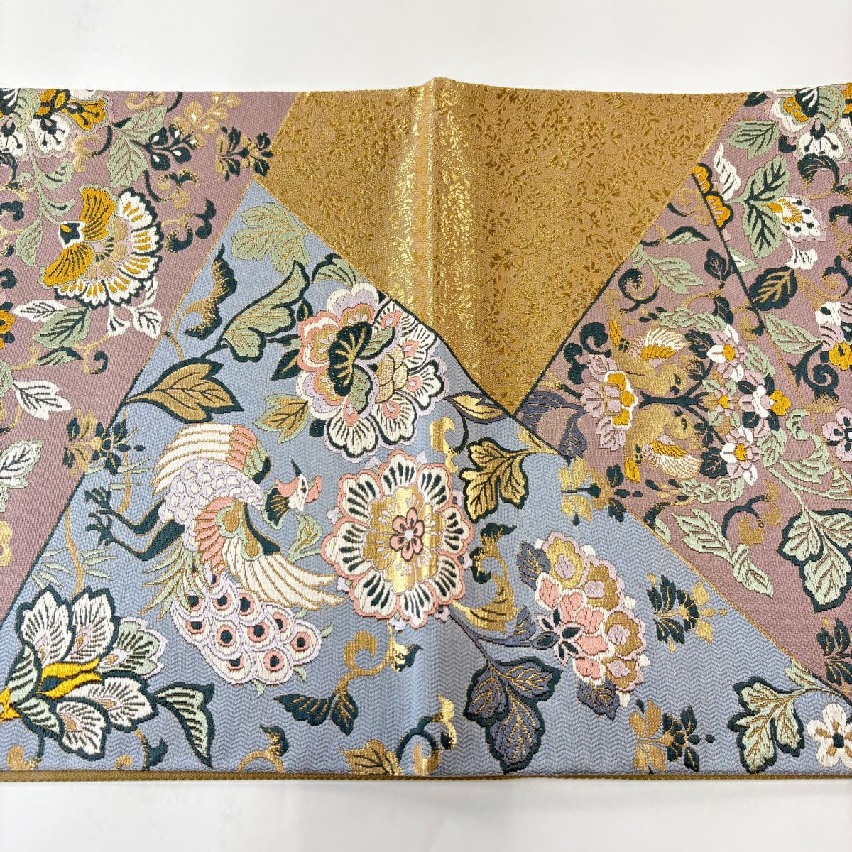 【美品】 袋帶 秀品級 鳳凰 花唐草紋 金糸 金金箔 青灰 六通 純蠶絲