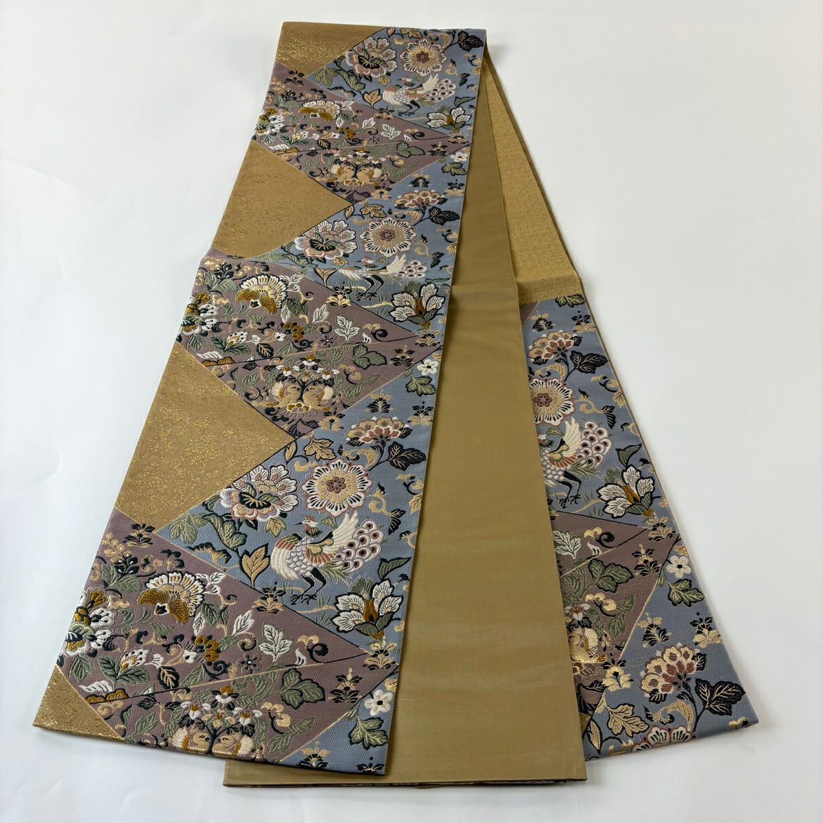 【美品】 袋帶 秀品級 鳳凰 花唐草紋 金糸 金金箔 青灰 六通 純蠶絲