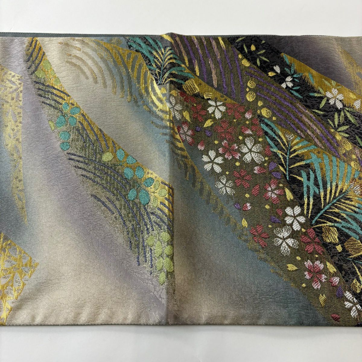 【美品】 袋帶 秀品級 若松樹 櫻花 金銀彩 金金箔 青灰 深藍色 六通 純蠶絲