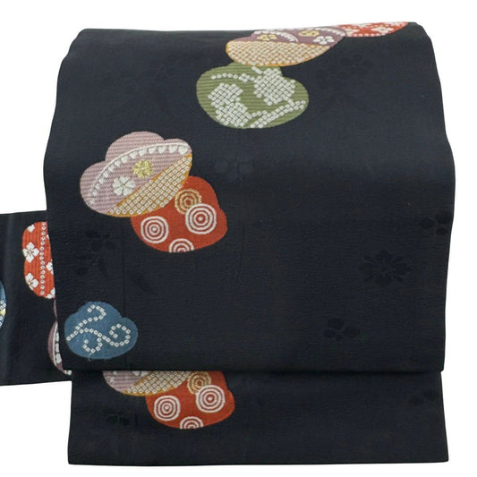 【美品】名古屋帶 秀品級 梅花花菱 金糸 黑 純蠶絲