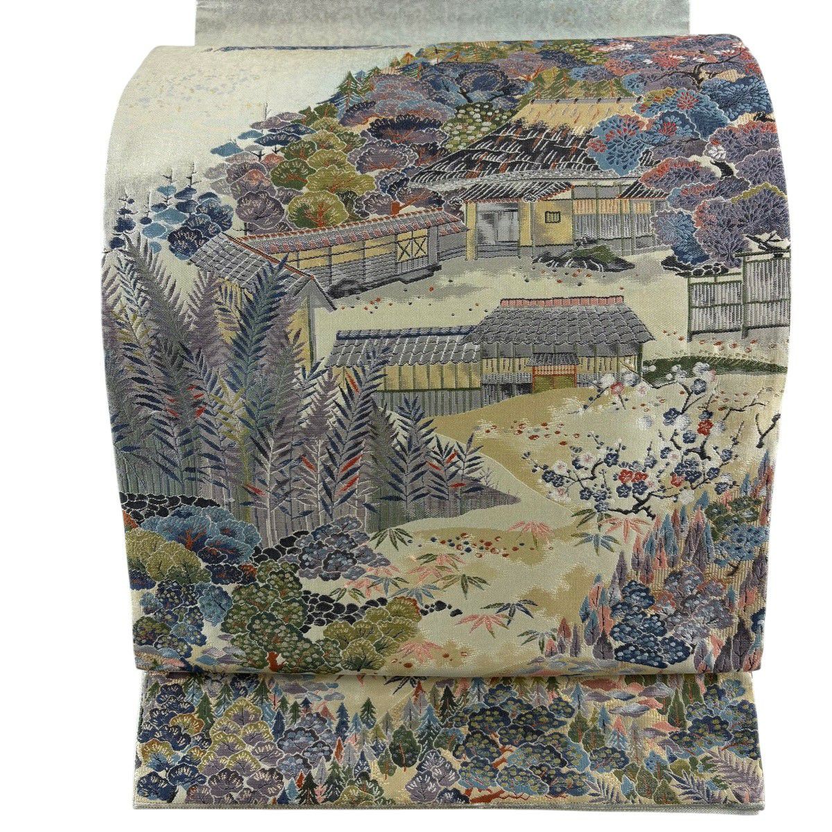 【美品】 袋帶 秀品級 關西仕立 建築物 樹木 金金箔 金銀彩 米色 六通 純蠶絲