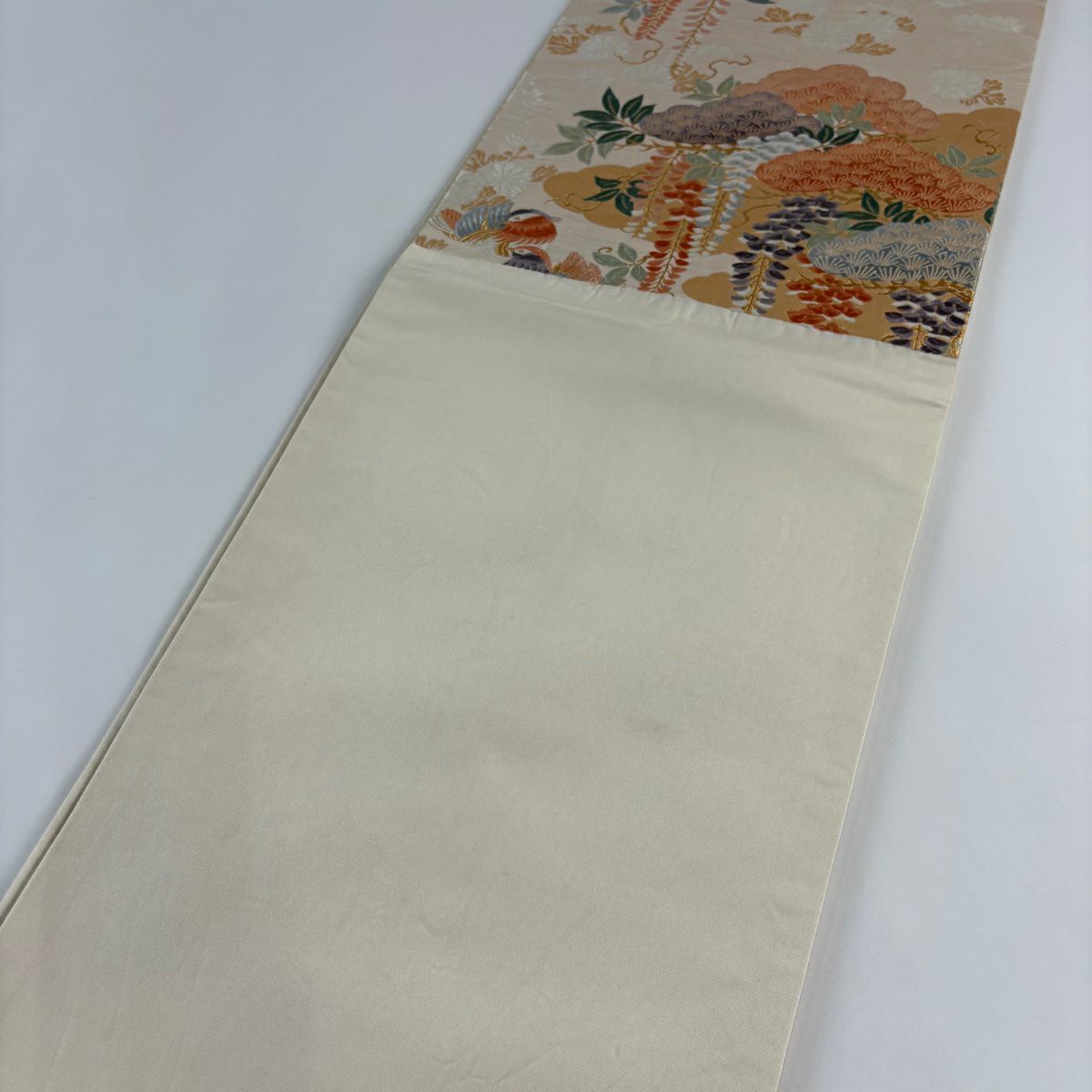 袋帶 秀品級 笠松樹 鴛鴦 唐織 金金箔 米色 六通 純蠶絲