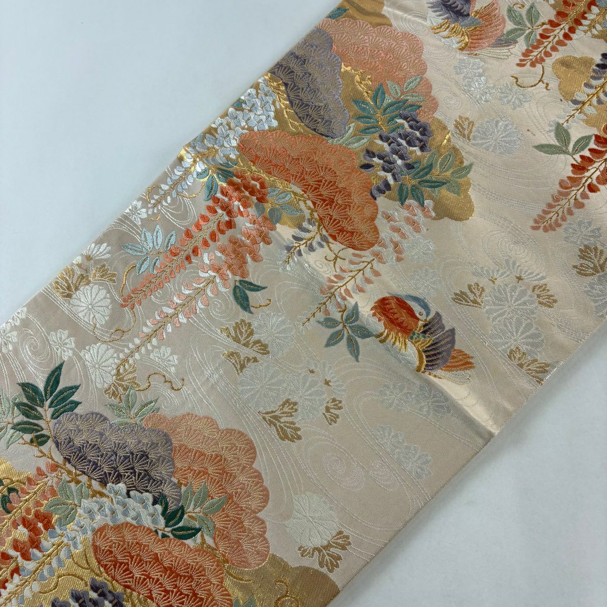 袋帶 秀品級 笠松樹 鴛鴦 唐織 金金箔 米色 六通 純蠶絲