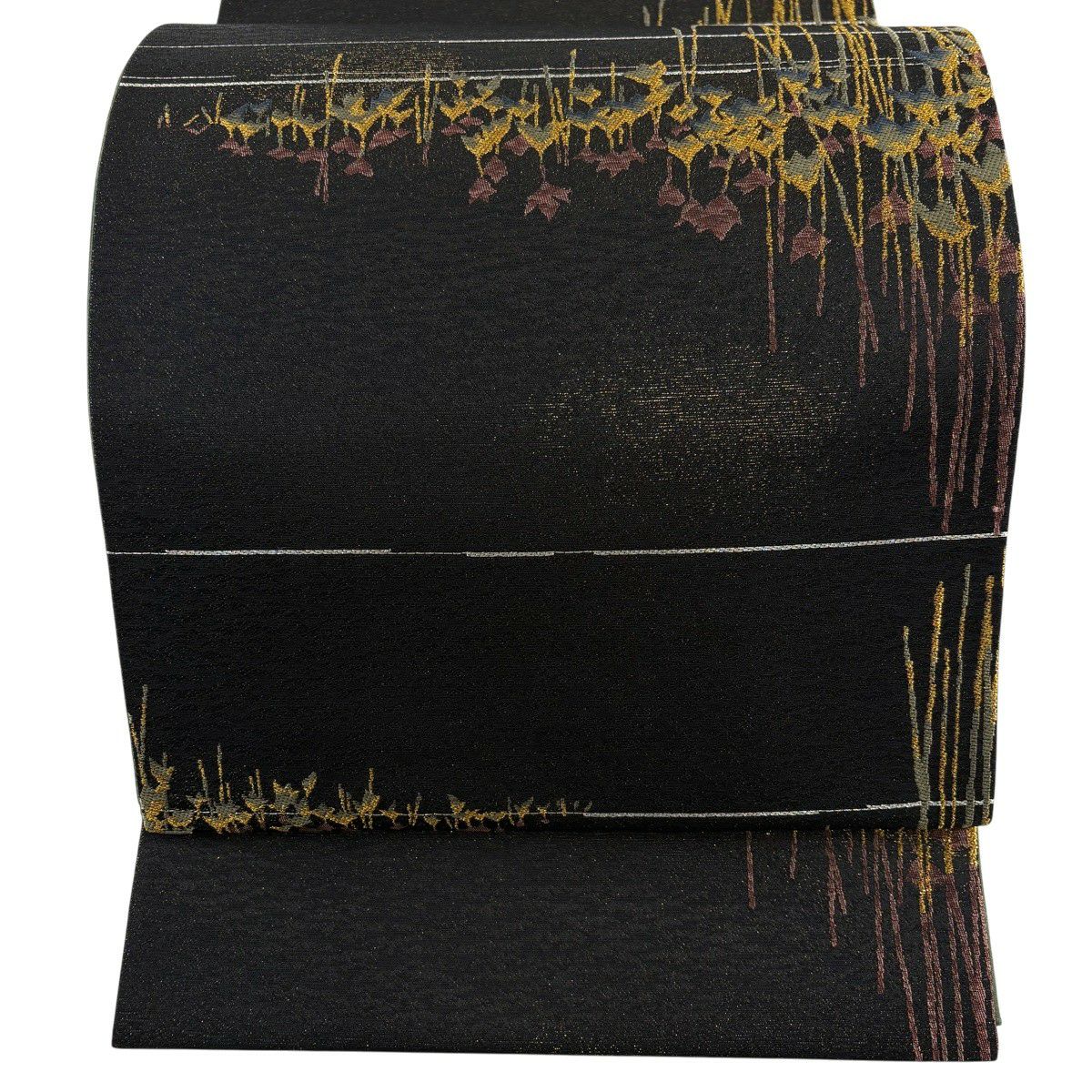 【美品】 袋帶 秀品級 幾何學 縞 金銀糸 金通 黑 六通 純蠶絲