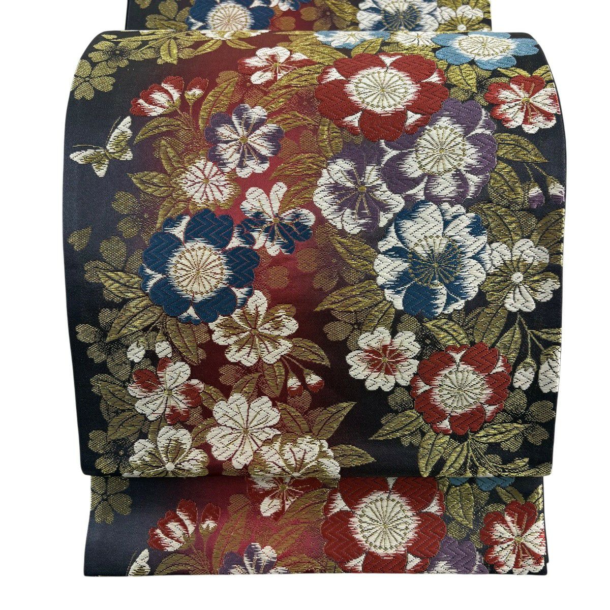 【美品】 袋帶 秀品級 草花紋紋 蝶 唐織 金絲 黑 六通 純蠶絲