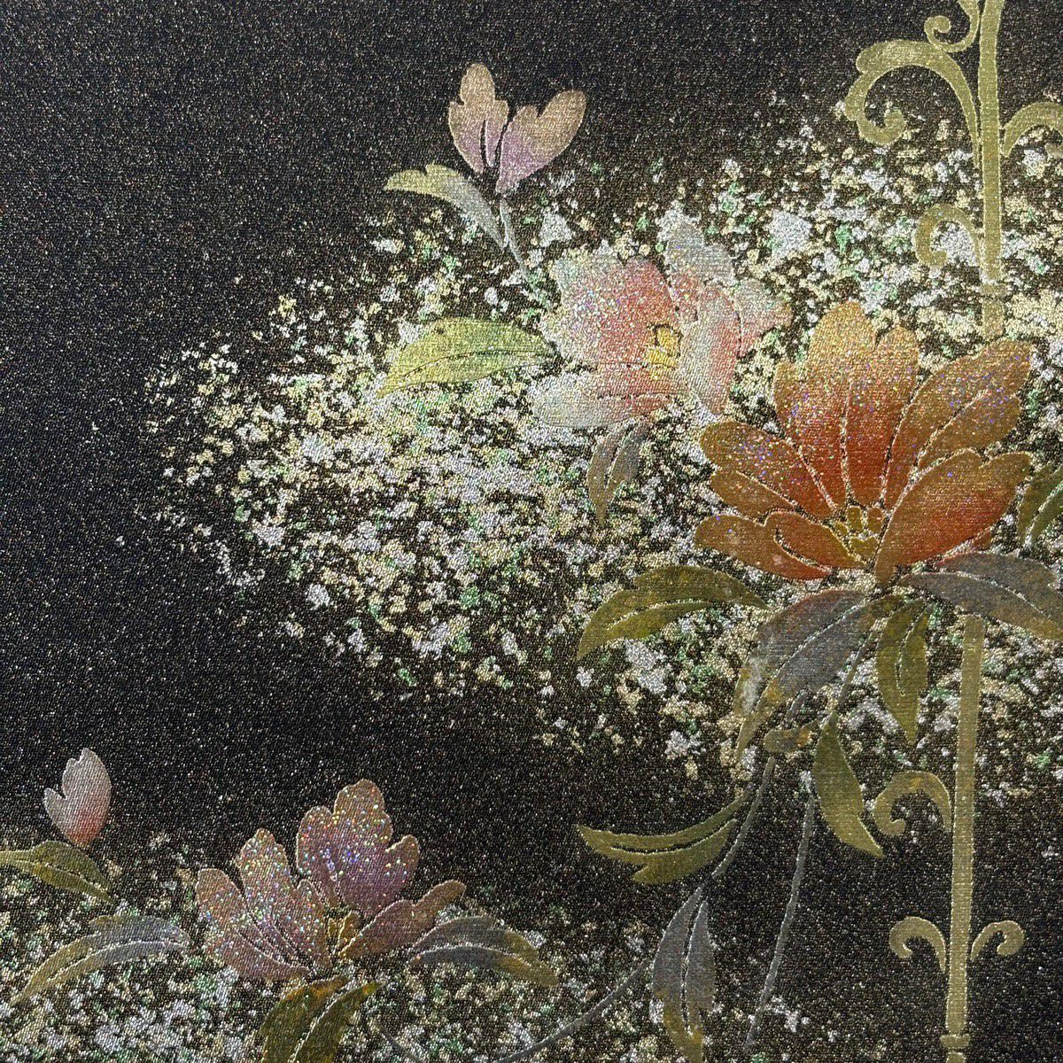 名古屋帶 秀品級 關西仕立 草花紋紋 金銀彩 黑 純蠶絲