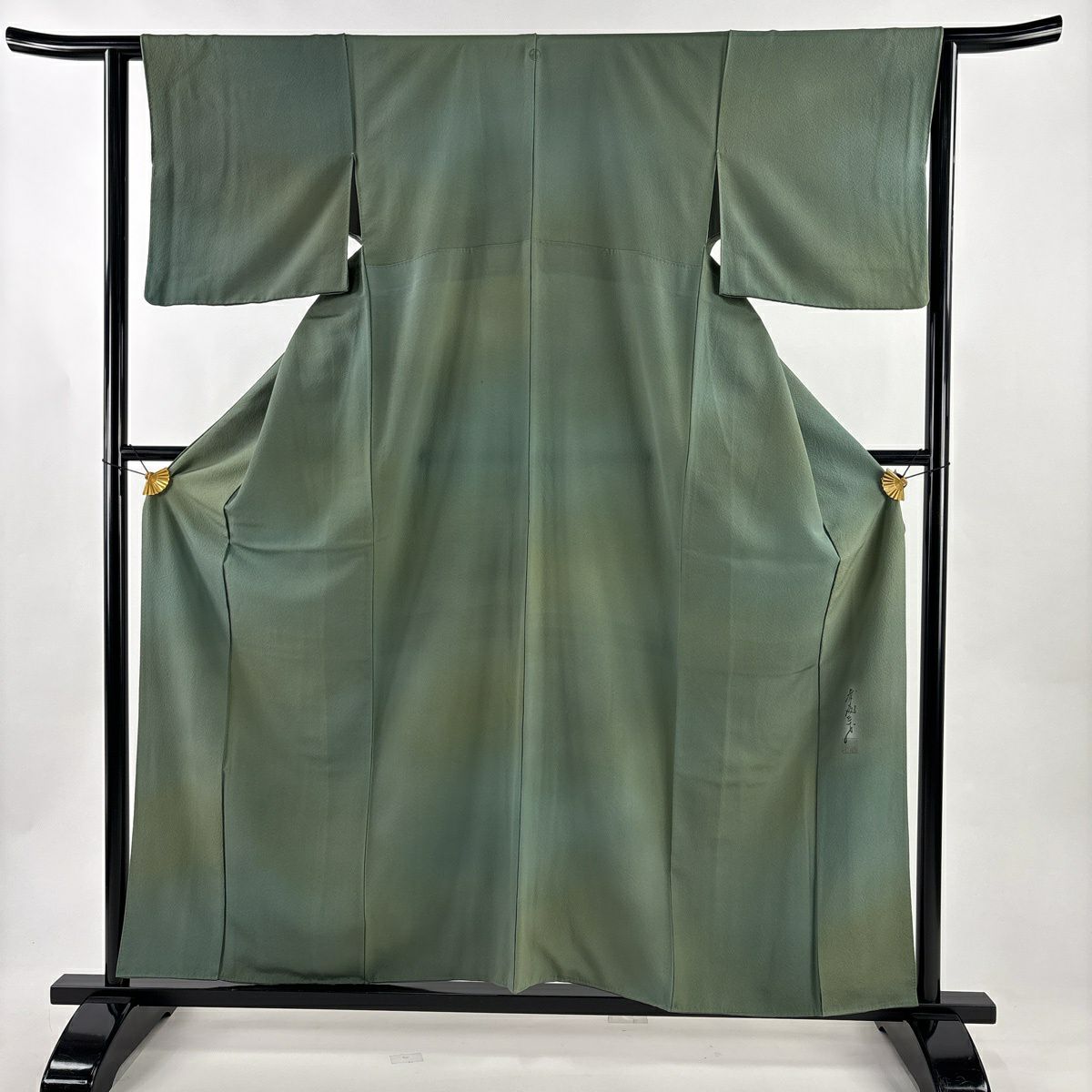 【美品】 小紋 身長159.5cm 袖長62cm S 雙層 斉藤三才 落款あり 漸層圖案 絞織 灰綠 純蠶絲 秀品級 一つ紋