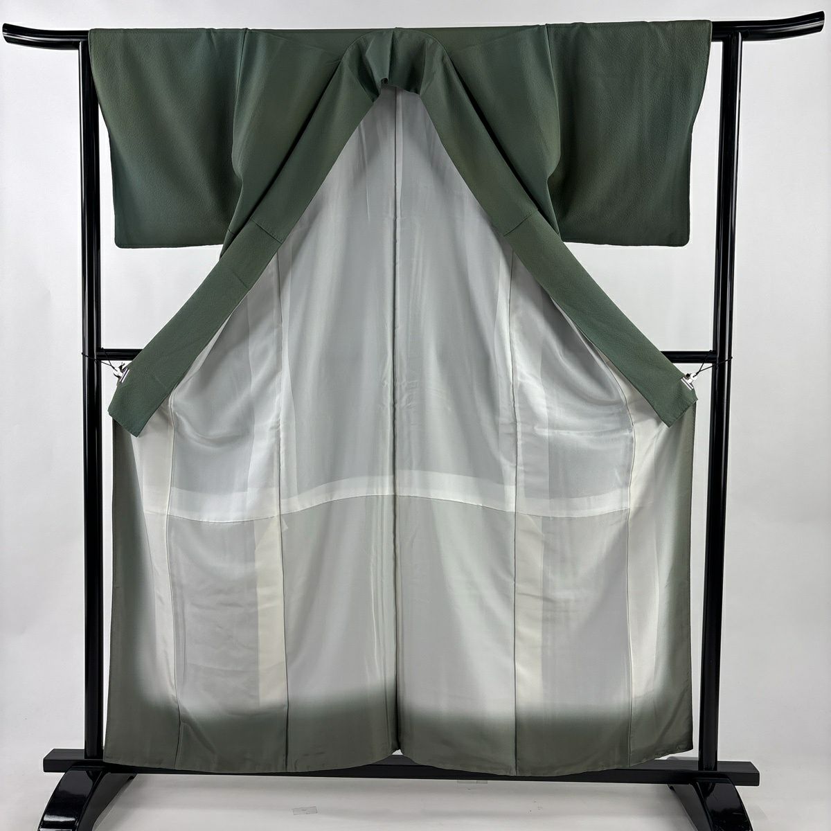 【美品】 小紋 身長159.5cm 袖長62cm S 雙層 斉藤三才 落款あり 漸層圖案 絞織 灰綠 純蠶絲 秀品級 一つ紋