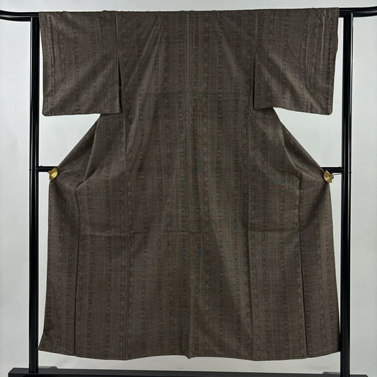 紬織 身長152.5cm 袖長61.5cm S 雙層 縞花 茶 純蠶絲 秀品級