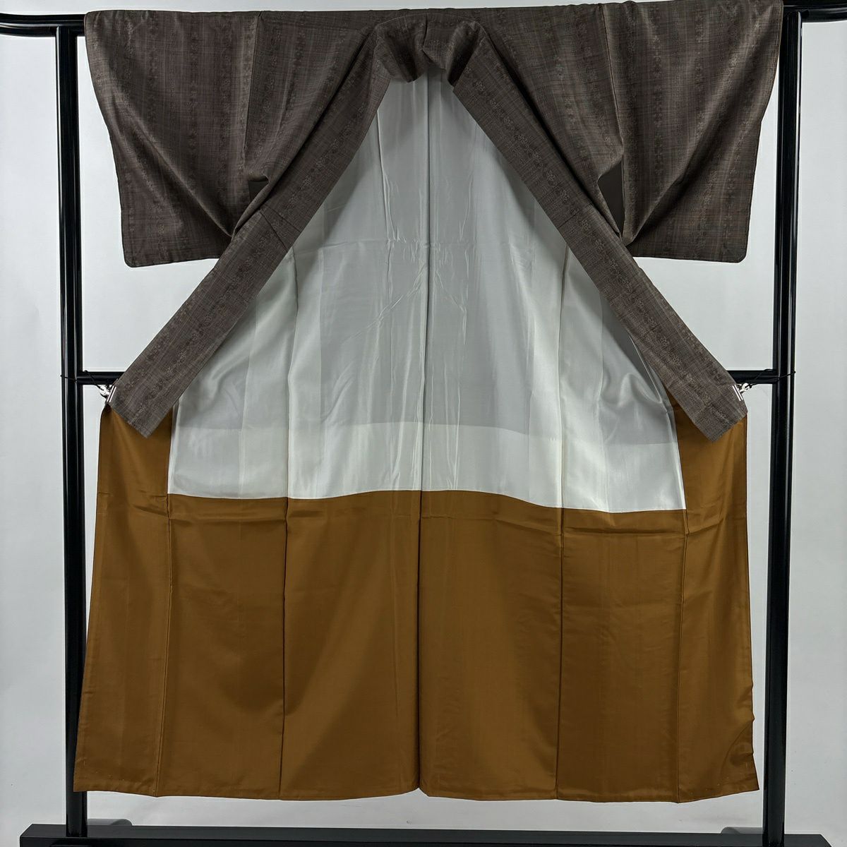 紬織 身長152.5cm 袖長61.5cm S 雙層 縞花 茶 純蠶絲 秀品級