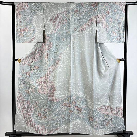 訪問服 身長156cm 袖長62.5cm S 雙層 花扇子 草花紋紋 絞染 灰色 純蠶絲 秀品級