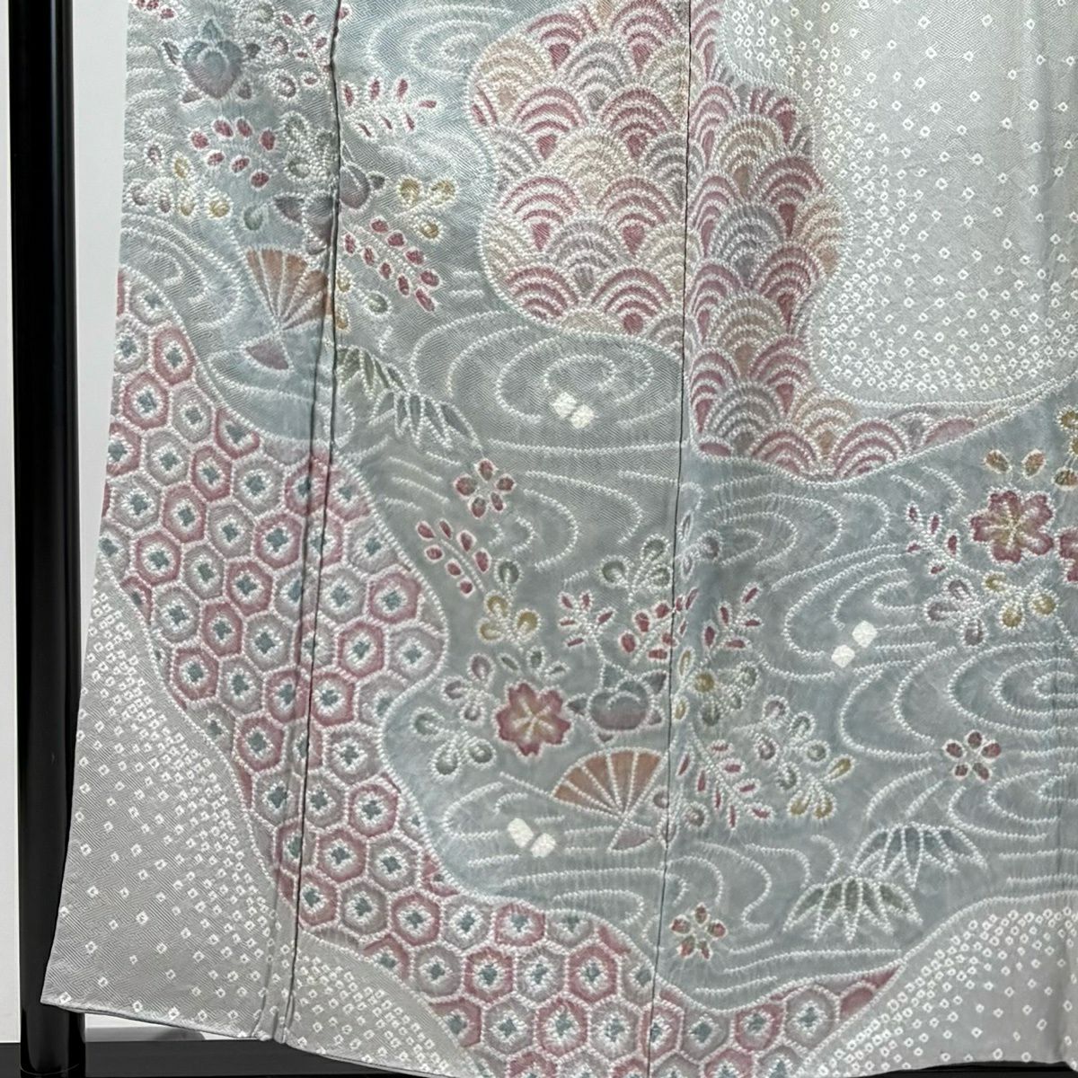 訪問服 身長156cm 袖長62.5cm S 雙層 花扇子 草花紋紋 絞染 灰色 純蠶絲 秀品級