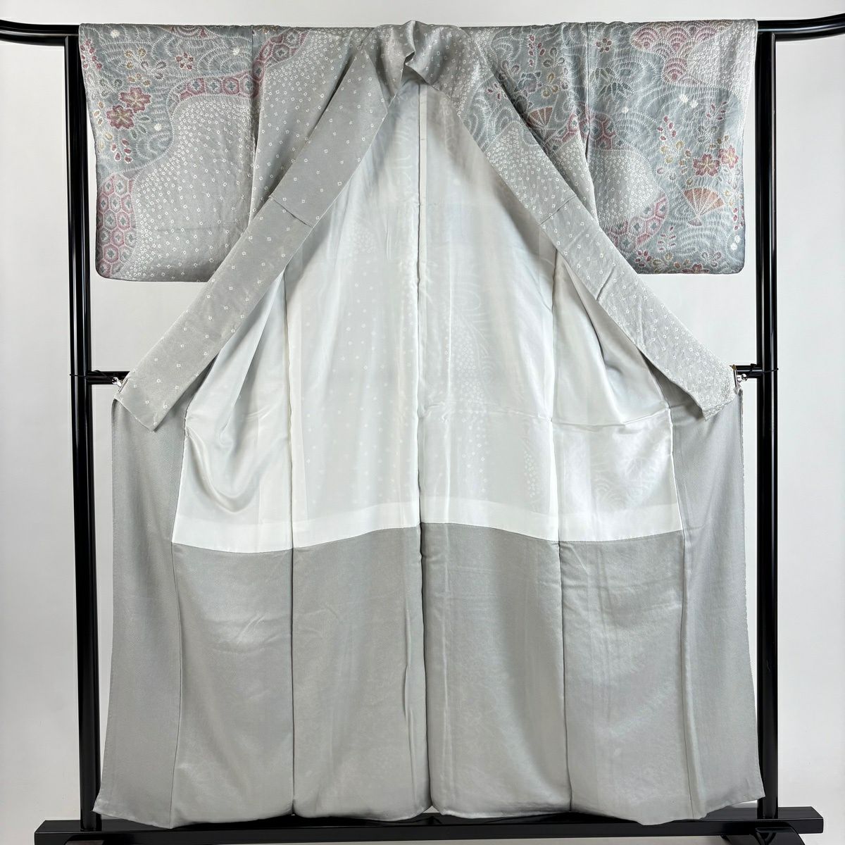 訪問服 身長156cm 袖長62.5cm S 雙層 花扇子 草花紋紋 絞染 灰色 純蠶絲 秀品級