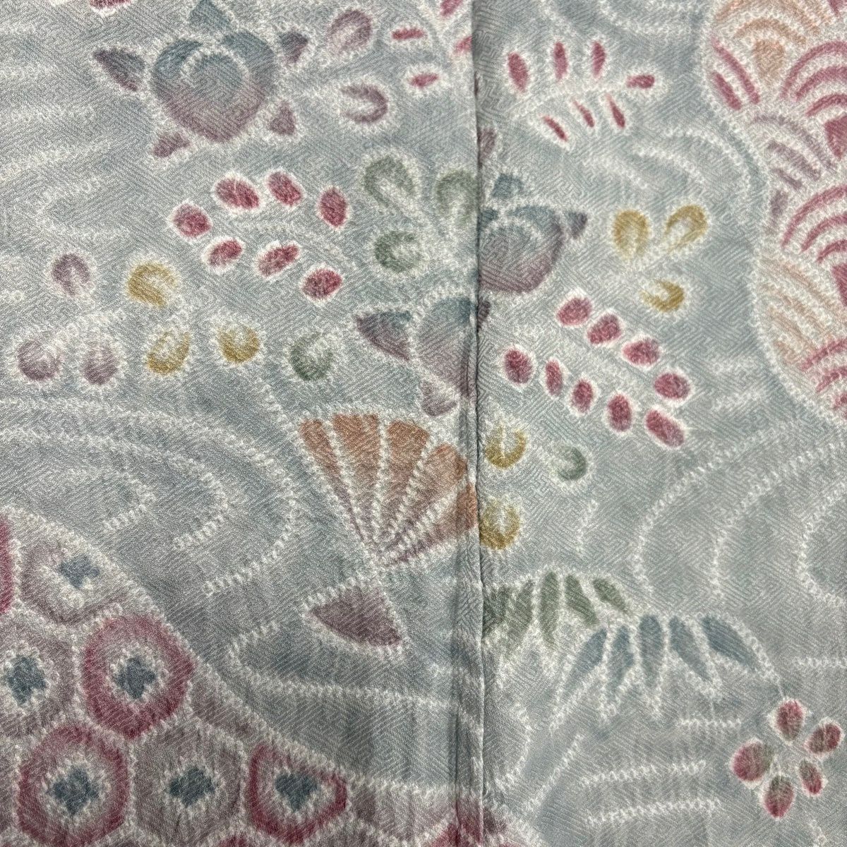 訪問服 身長156cm 袖長62.5cm S 雙層 花扇子 草花紋紋 絞染 灰色 純蠶絲 秀品級