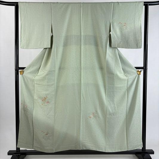付下 身長156cm 袖長62.5cm S 雙層 草花紋紋 地紋 刺繡 漸層 淺綠 純蠶絲 優品級 一個紋