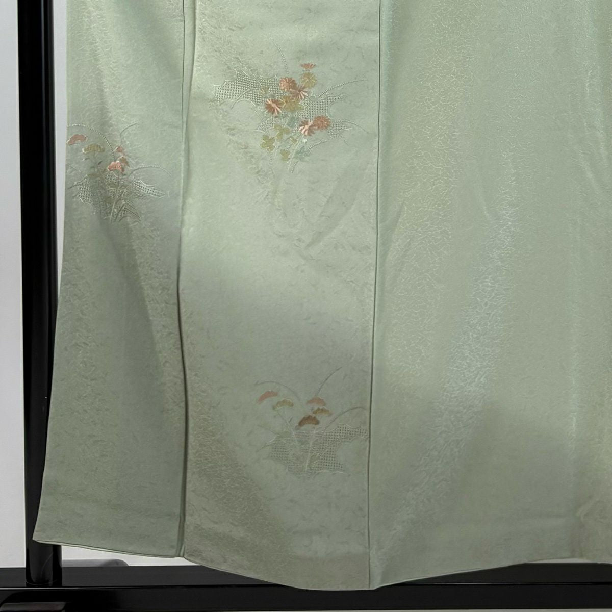 付下 身長156cm 袖長62.5cm S 雙層 草花紋紋 地紋 刺繡 漸層 淺綠 純蠶絲 優品級 一個紋
