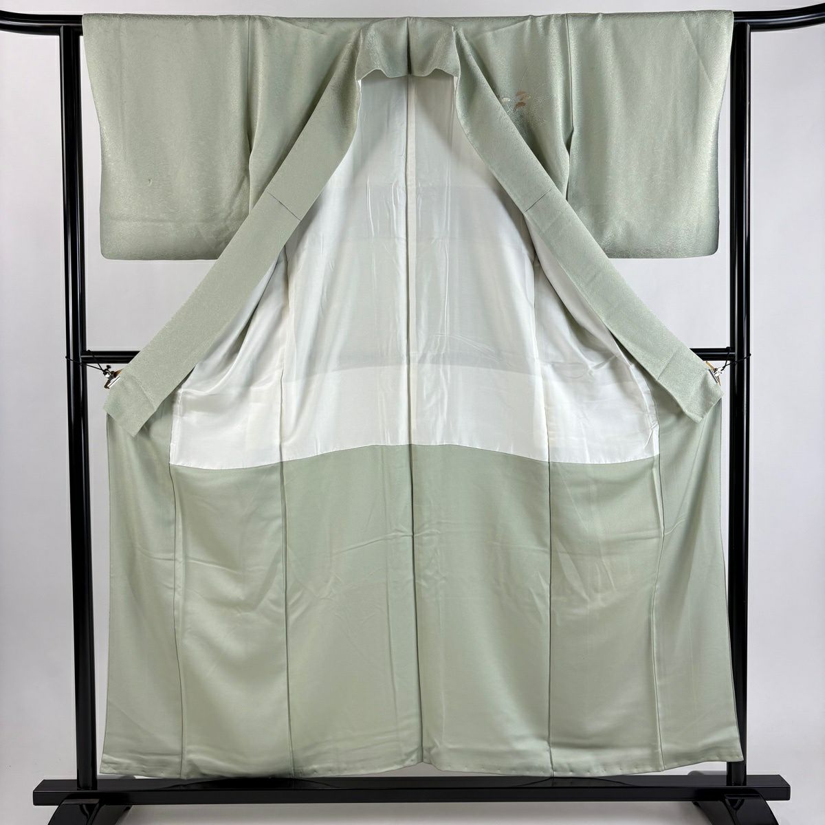 付下 身長156cm 袖長62.5cm S 雙層 草花紋紋 地紋 刺繡 漸層 淺綠 純蠶絲 優品級 一個紋