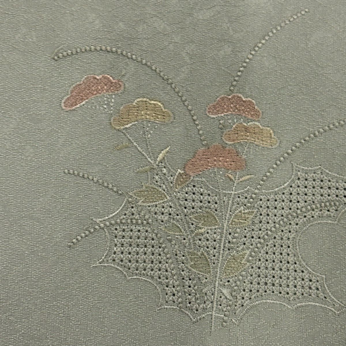 付下 身長156cm 袖長62.5cm S 雙層 草花紋紋 地紋 刺繡 漸層 淺綠 純蠶絲 優品級 一個紋