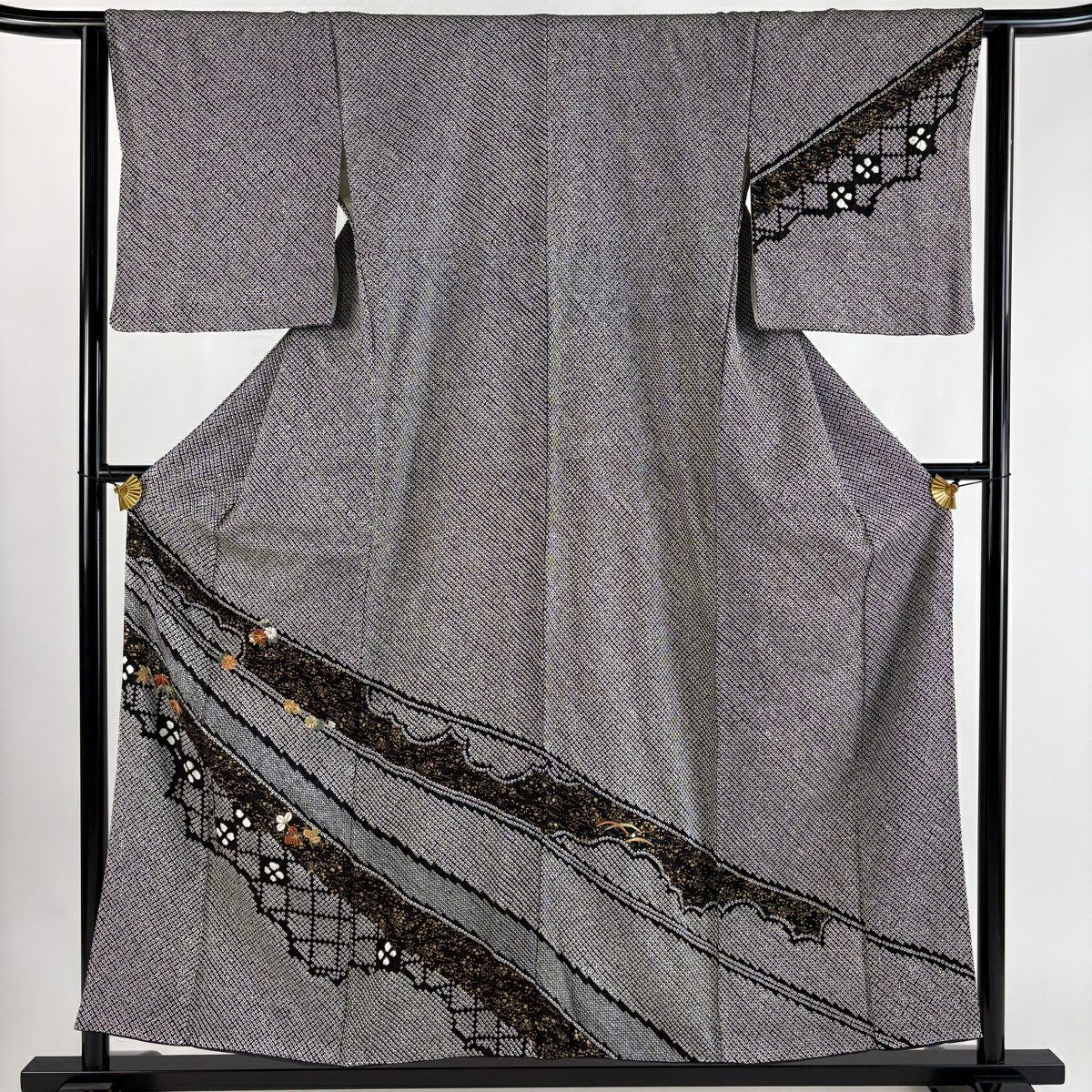 訪問服 身長154.5cm 袖長62.5cm S 雙層 菊花 笹 刺繡 絞染 黑 純蠶絲 秀品級