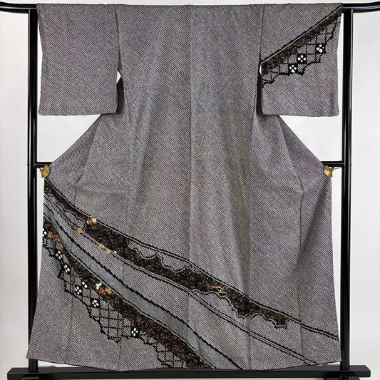 訪問服 身長154.5cm 袖長62.5cm S 雙層 菊花 笹 刺繡 絞染 黑 純蠶絲 秀品級