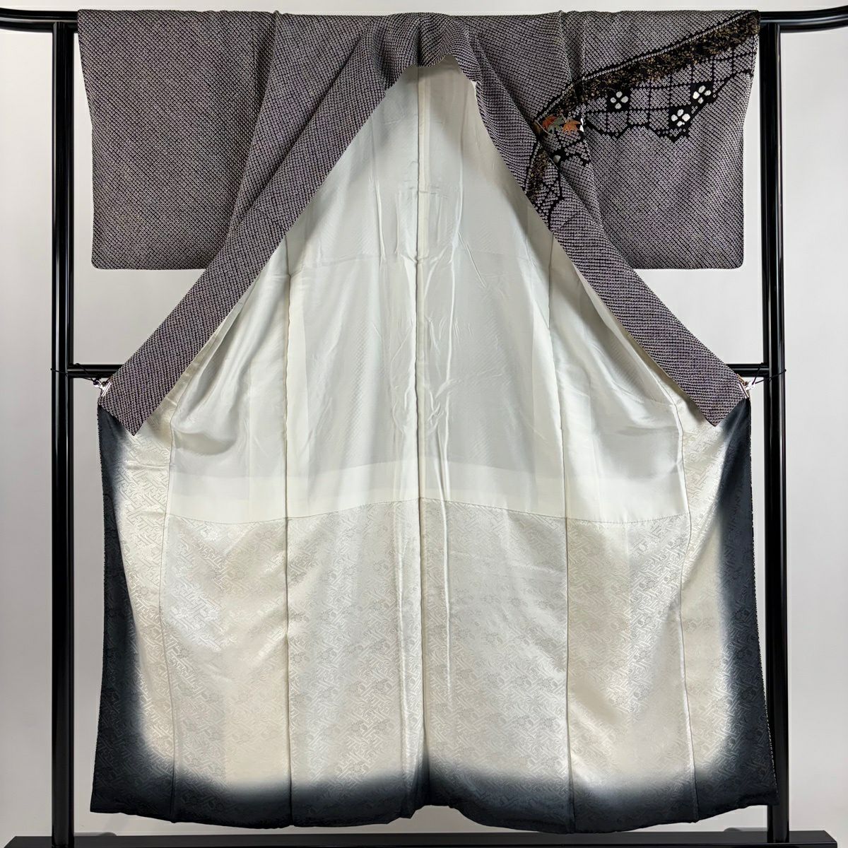 訪問服 身長154.5cm 袖長62.5cm S 雙層 菊花 笹 刺繡 絞染 黑 純蠶絲 秀品級