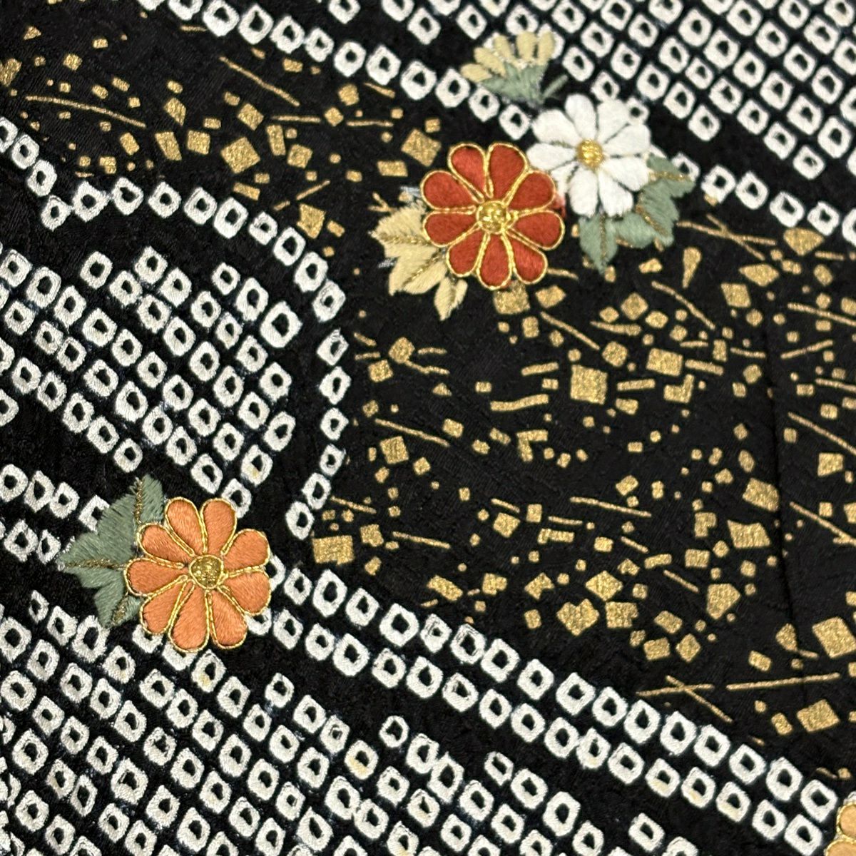 訪問服 身長154.5cm 袖長62.5cm S 雙層 菊花 笹 刺繡 絞染 黑 純蠶絲 秀品級