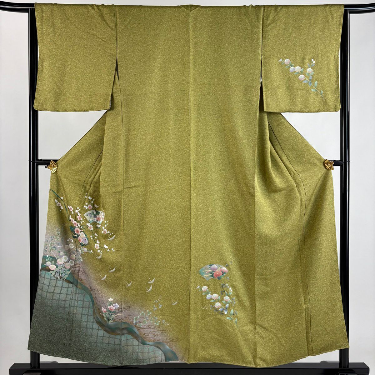 【美品】 付下 身長155cm 袖長64cm M 雙層 扇子面 草鳥 金銀彩 漸層 鶯色 純蠶絲 優品級
