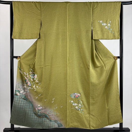 【美品】 付下 身長155cm 袖長64cm M 雙層 扇子面 草鳥 金銀彩 漸層 鶯色 純蠶絲 優品級
