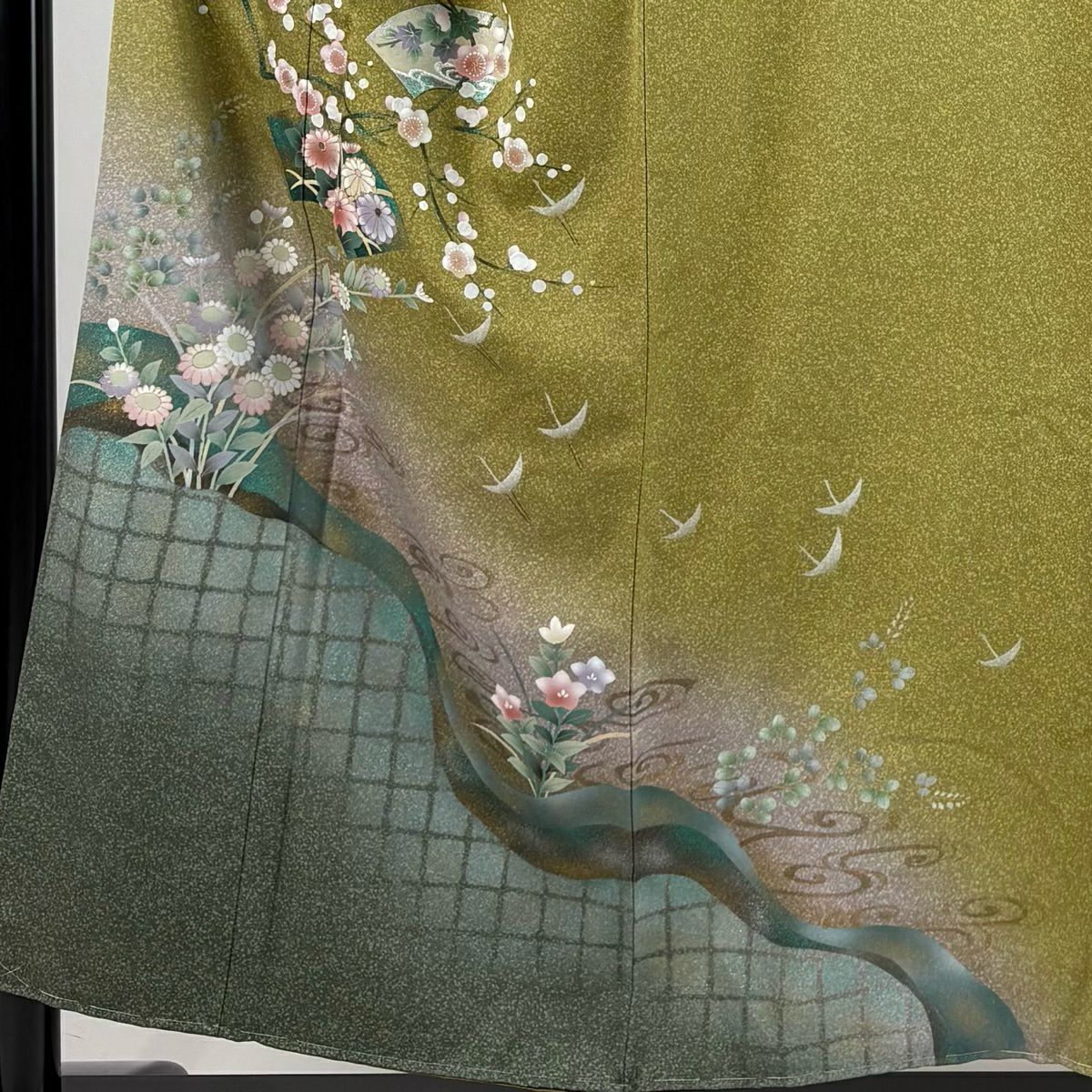 【美品】 付下 身長155cm 袖長64cm M 雙層 扇子面 草鳥 金銀彩 漸層 鶯色 純蠶絲 優品級