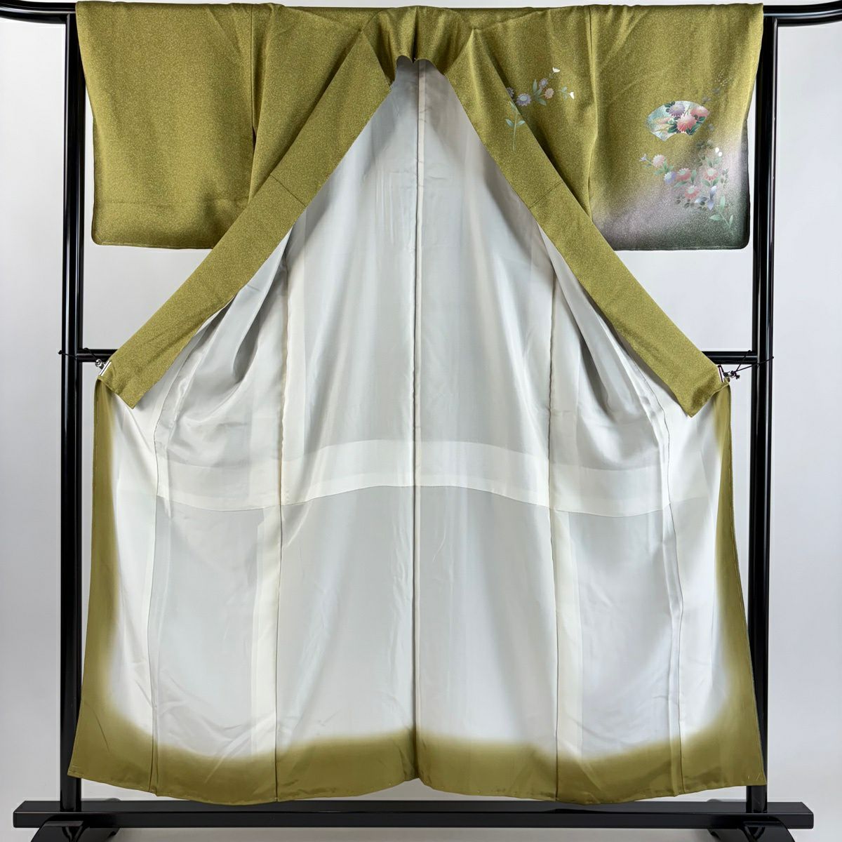 【美品】 付下 身長155cm 袖長64cm M 雙層 扇子面 草鳥 金銀彩 漸層 鶯色 純蠶絲 優品級