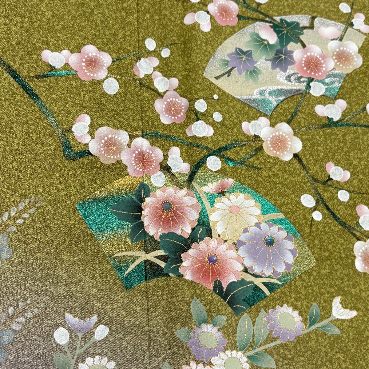 【美品】 付下 身長155cm 袖長64cm M 雙層 扇子面 草鳥 金銀彩 漸層 鶯色 純蠶絲 優品級