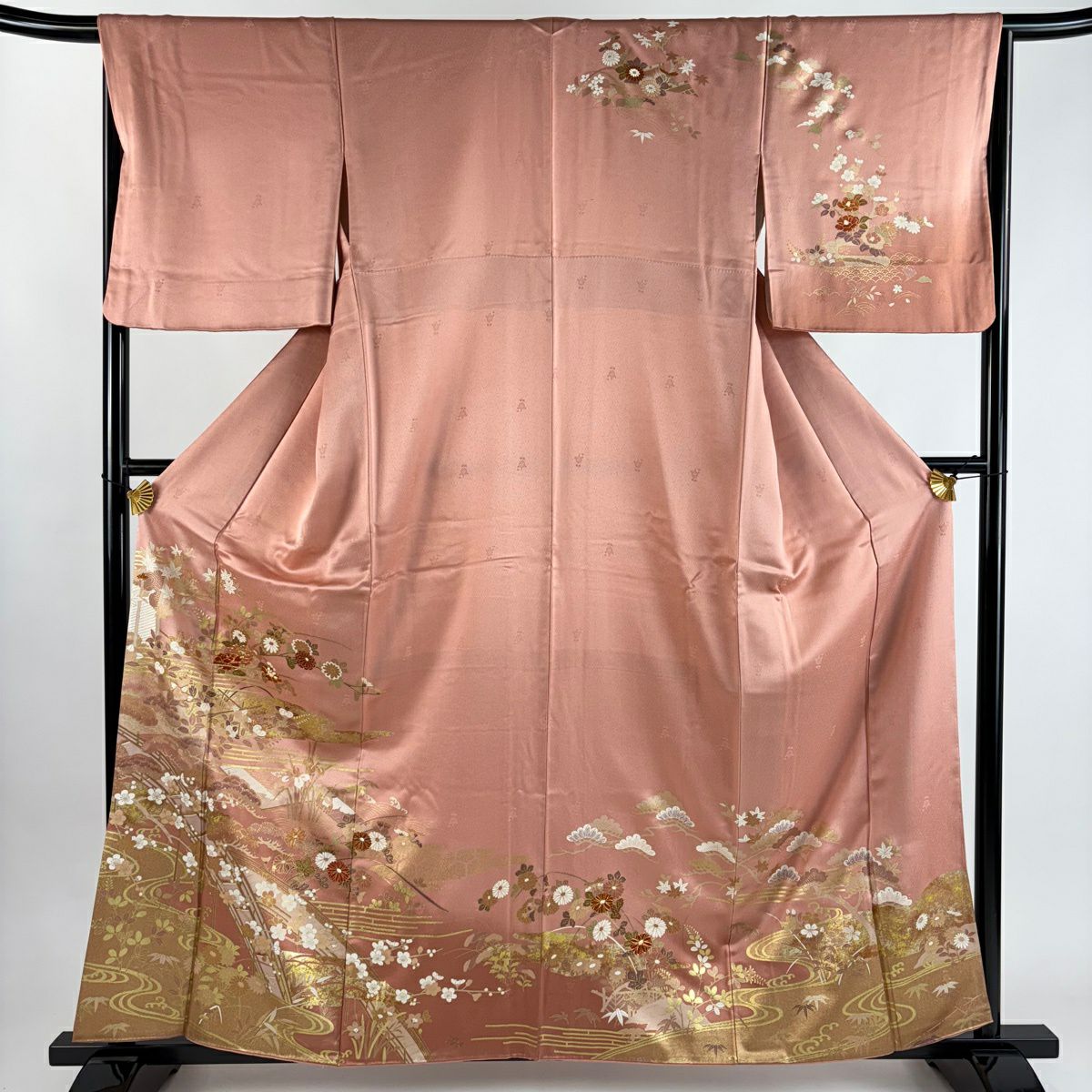 訪問服 身長160.5cm 袖長66cm M 雙層 草花紋紋 橋 金彩裝飾 漸層 粉紅 純蠶絲 秀品級